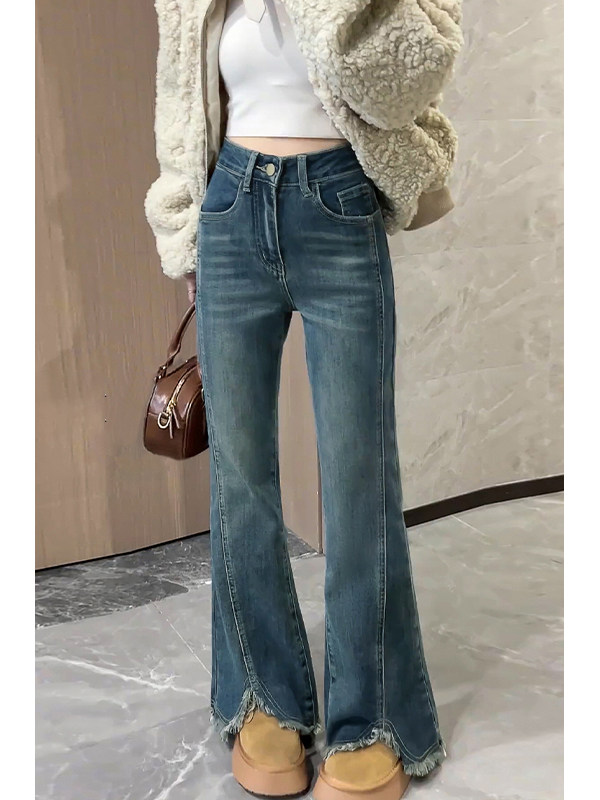 微喇牛仔裤女2025新款秋季小个子大码胖mm修身毛边窄版喇叭长裤子