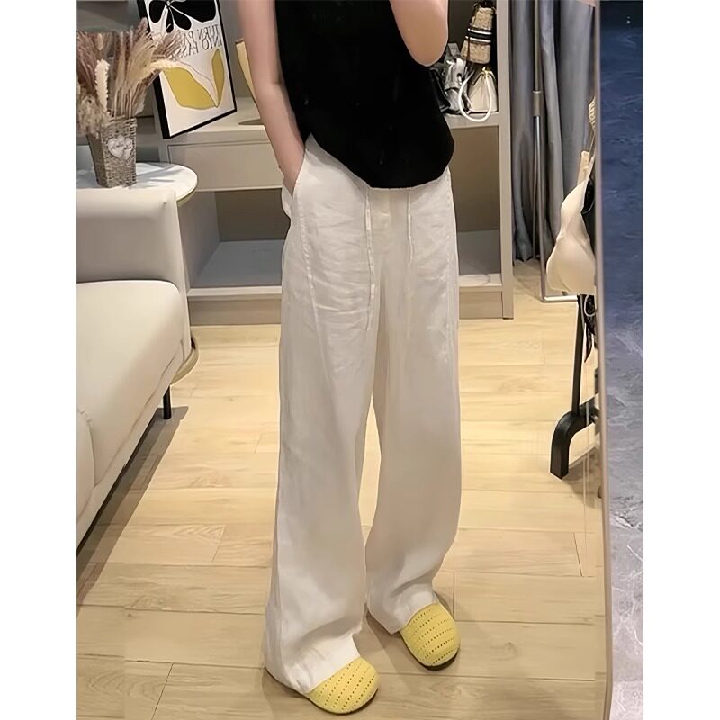 白色亚麻阔腿裤女夏薄款2026新款小个子休闲冰丝棉麻拖地长裤子女