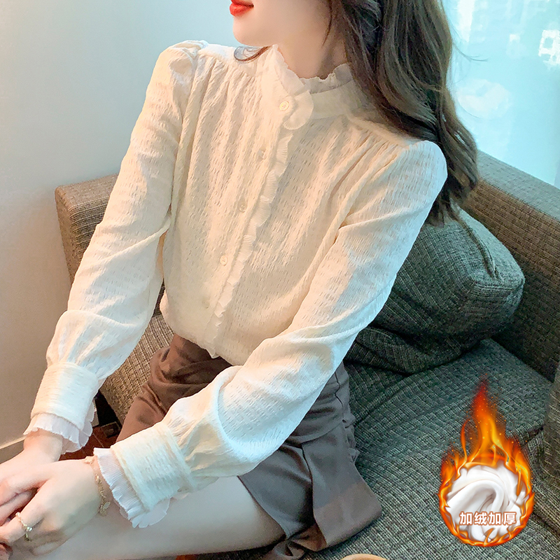 白色打底衫女秋冬内搭可外穿2025新款蕾丝半高领加绒加厚衬衫上衣