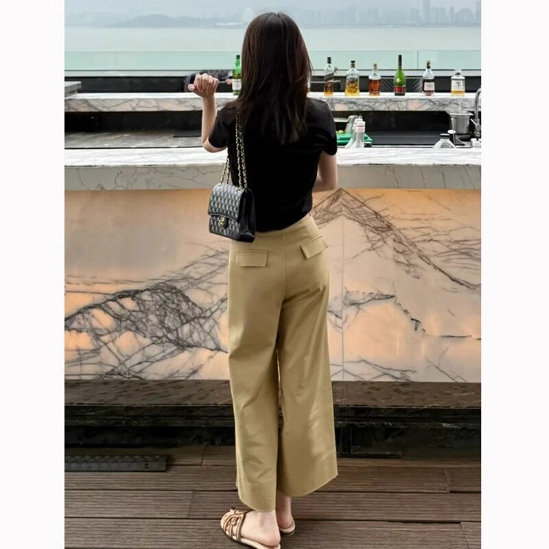 卡其色阔腿裤女2026新款夏季薄款高腰宽松休闲九分窄版直筒裤子女