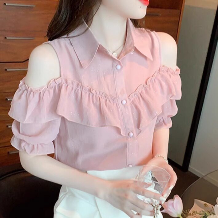 雪纺衬衫女2026新款夏季娃娃领高级感轻奢减龄洋派小衫露肩上衣女