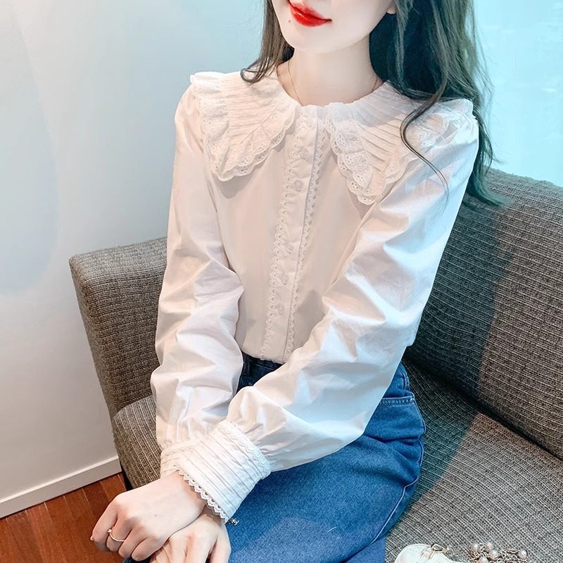 长袖雪纺衬衫女2025新款春秋季韩版荷叶边娃娃领设计感小众上衣女