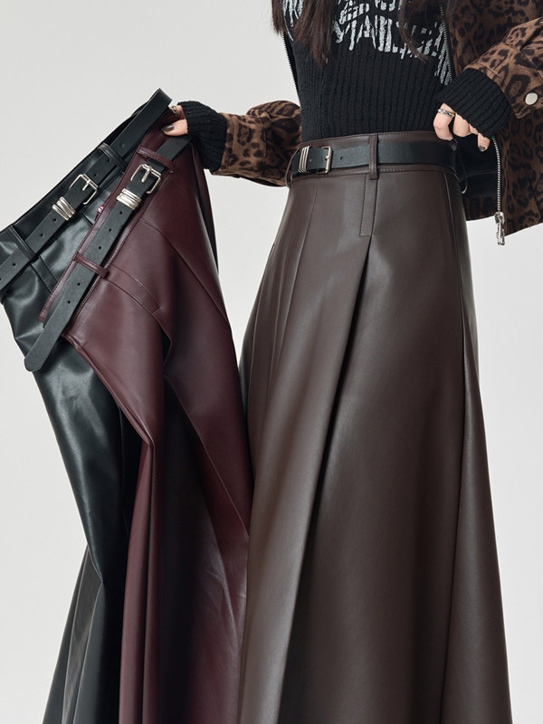 a字皮裙半身裙女秋2025新款小个子高腰显瘦气质中长款大摆伞裙子