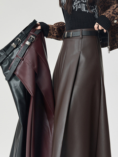 a字皮裙半身裙女秋2025新款小个子高腰显瘦气质中长款大摆伞裙子