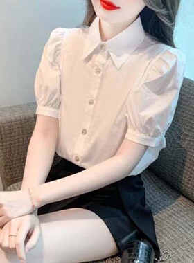白色衬衫女2026新款夏季Polo领高级感轻奢减龄洋气衬衣泡泡袖上衣