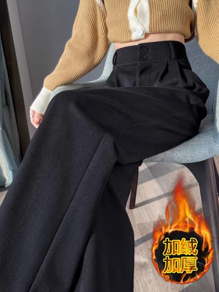 黑色加绒窄版阔腿裤女秋冬2025新款高腰宽松直筒加厚毛呢西装裤子