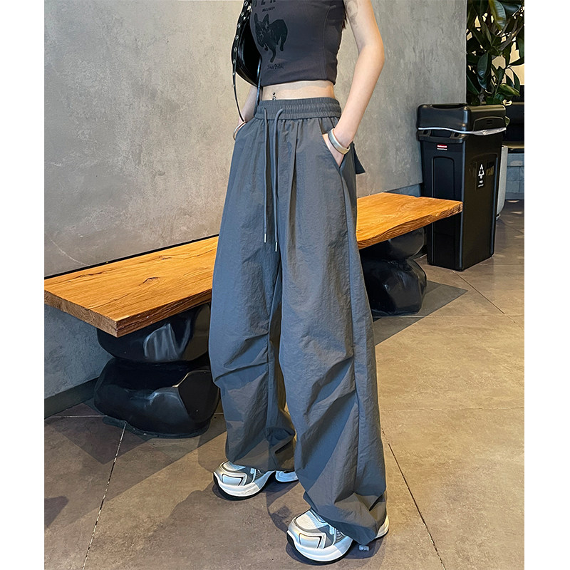 灰色阔腿裤女夏季薄款2026新款高腰直筒宽松美式工装运动休闲裤子