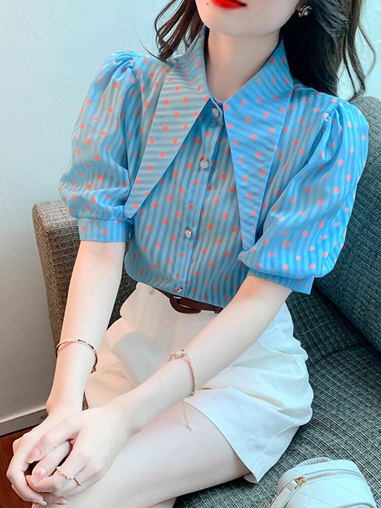 蓝色雪纺衬衫女2025新款夏季尖领高级感轻奢减龄洋气泡泡袖上衣女
