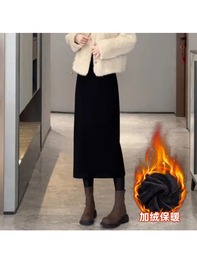 黑色a字半身裙女秋2025新款冬季小个子高腰毛呢包臀直筒长裙子女