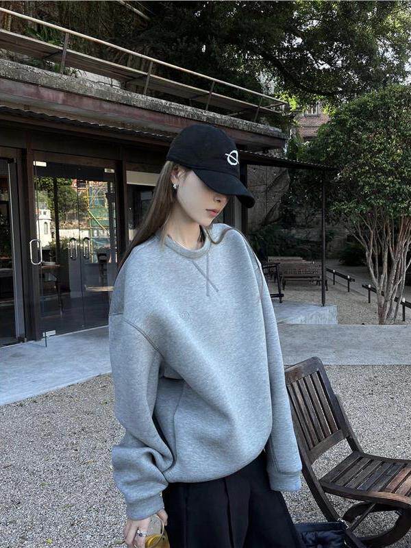 灰色卫衣女2025新款秋季时尚洋气宽松慵懒风小个子圆领长袖上衣女