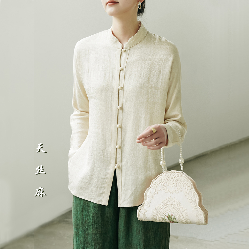 春夏新中式天丝麻暗格长袖衬衫