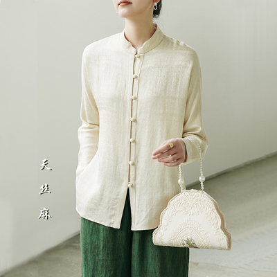春夏新中式天丝麻暗格长袖衬衫