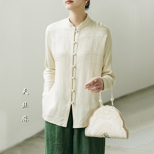 春夏新中式天丝麻暗格长袖衬衫