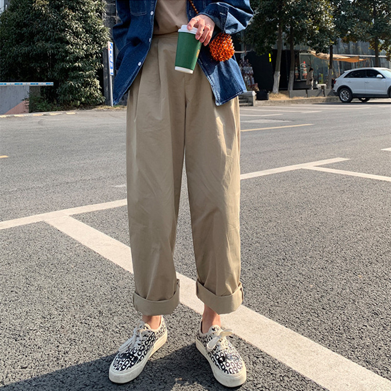 春夏萝卜裤女宽松显瘦老爹裤直筒大码阔腿工装裤卡其色休闲哈伦裤