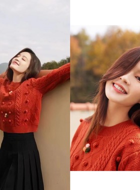 明星李沁同款秋冬手工勾花圣诞套头毛衣女宽松慵懒风圆领针织衫潮