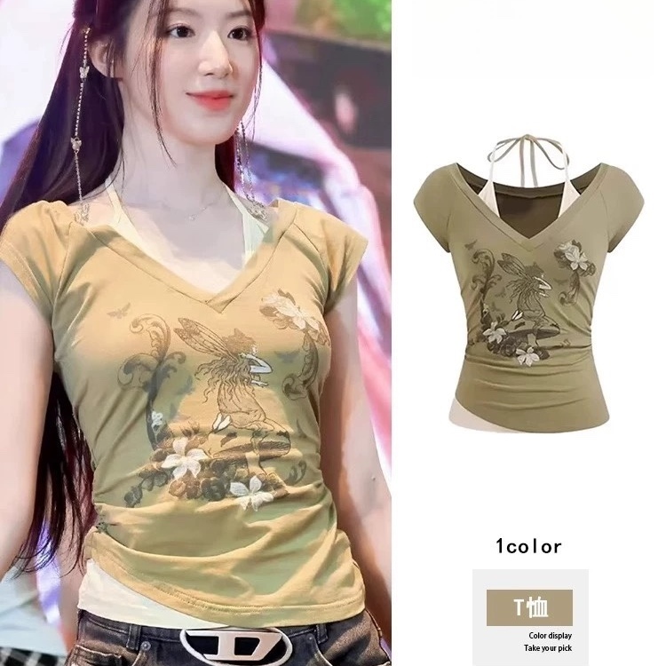 叶舒华同款绿色印花挂脖短袖T恤女夏小众设计感纯欲风假两件上衣