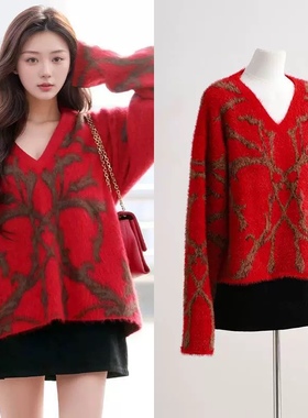 宁艺卓ricky同款红色V领毛衣女2025年冬季慵懒风氛围感圣诞针织衫