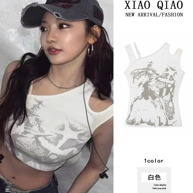 宁艺卓同款白色印花无袖T恤吊带背心女夏美式辣妹性感短款上衣潮.