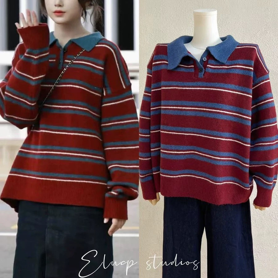叶舒华同款学院风条纹翻领毛衣女秋冬加厚超好看宽松慵懒针织上衣