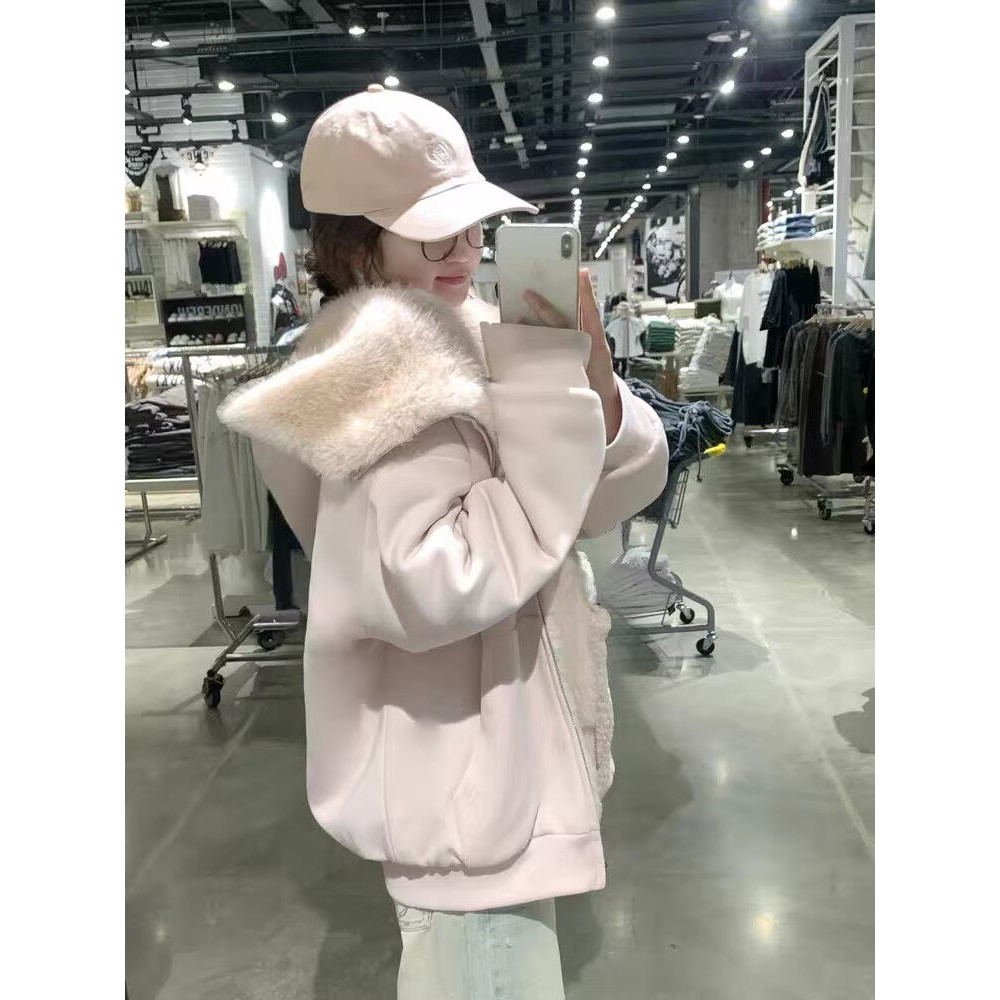 甜美双面穿毛茸茸秋冬棉服外套女款带绒加厚宽松韩系巨好看棉衣潮