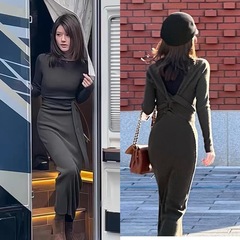 恋人阮妤赵露思同款绿色针织连衣裙女秋冬高级感修身气质包臀长裙