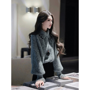 灰色毛衣女款2026新款冬超好看独特漂亮气质高端内搭翻领针织上衣