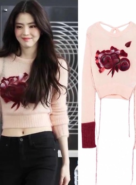 电影节韩素希同款粉色玫瑰花内搭打底针织衫女超好看圆领套头毛衣
