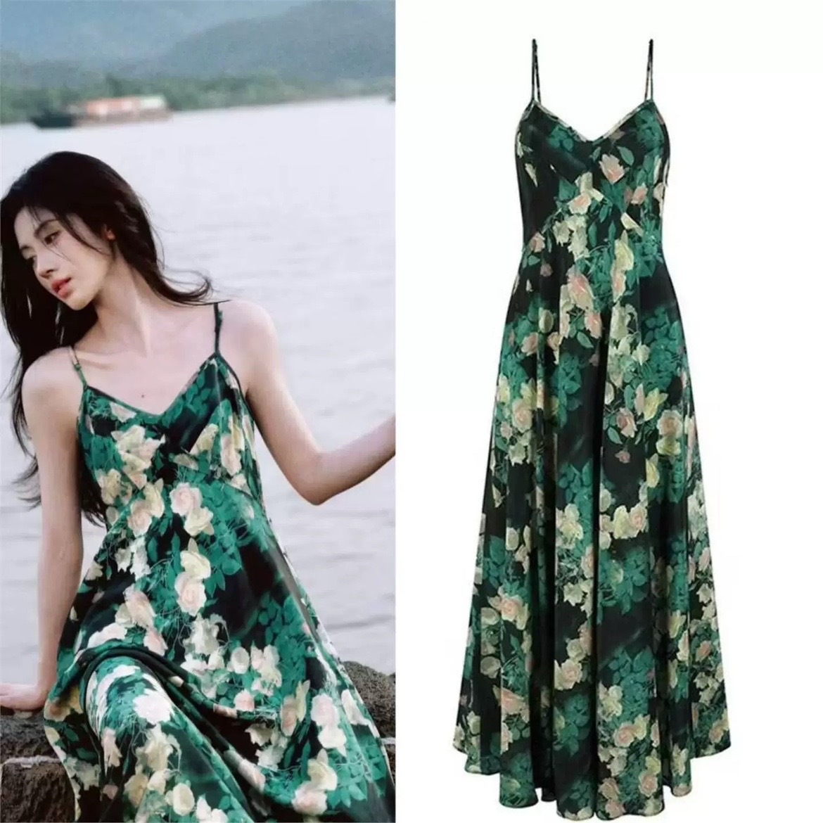 明星鞠婧祎同款衣服绿色碎花吊带连衣裙女2025夏季长裙海边度假裙