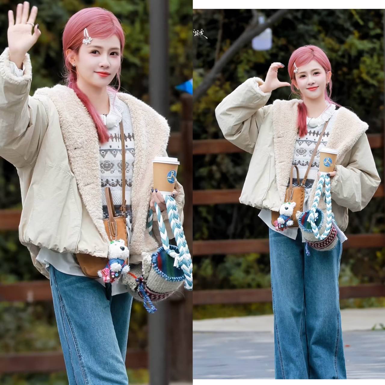 奔跑吧白鹿同款杏色羊羔毛大翻领短款外套秋冬设计感抽绳保暖棉服