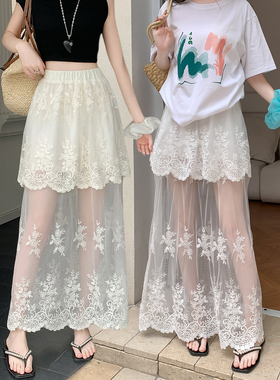 原创复古蕾丝拼接半身裙女2026春夏新款高腰显瘦法式薄款网纱长裙