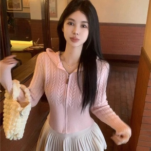 韩系秋冬麻花连帽短款 上衣外套 毛衣女外搭高级感拉链长袖 针织开衫
