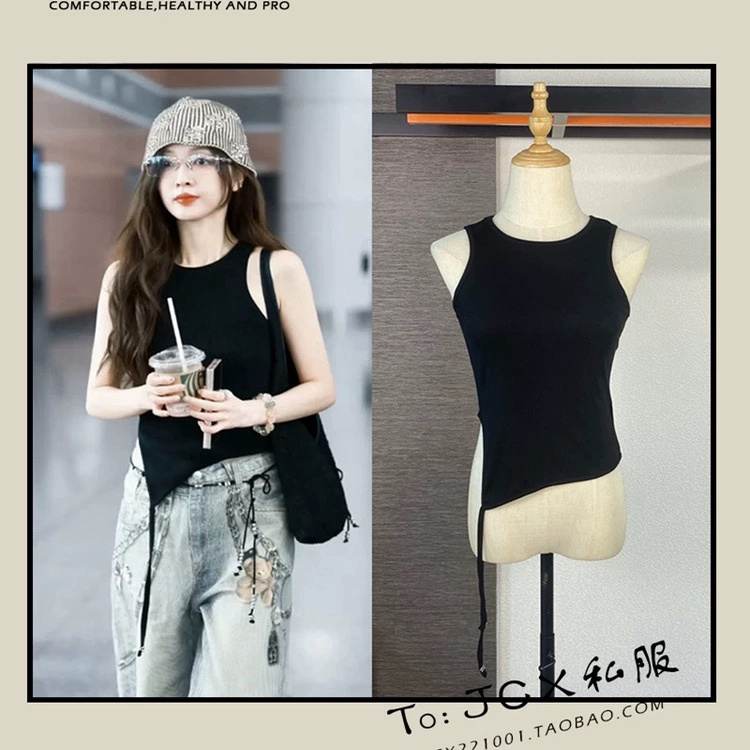 吴宣仪同款黑色不规则飘带针织吊带背心女夏辣妹修身短款无袖上衣