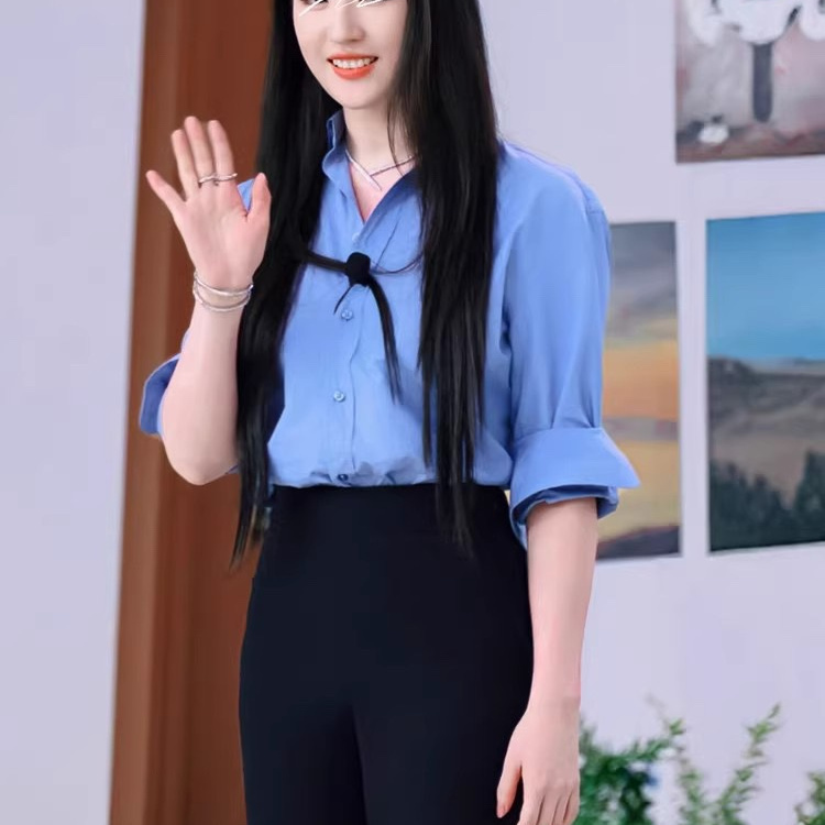 刘亦菲同款法式蓝色气质衬衫女夏季高级感衬衣轻职场通勤穿搭上衣