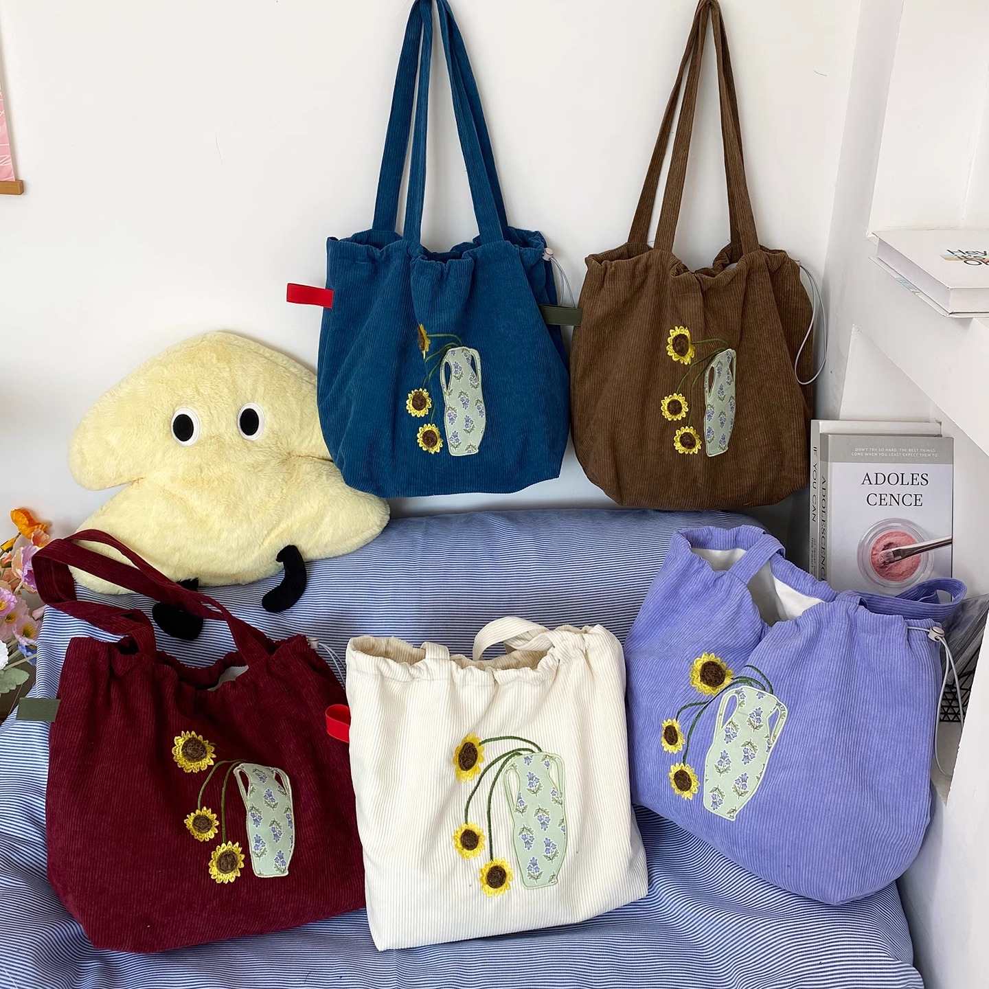 刺绣向日葵灯芯绒束口包韩版慵懒风托特包复古高级感女通勤手提包