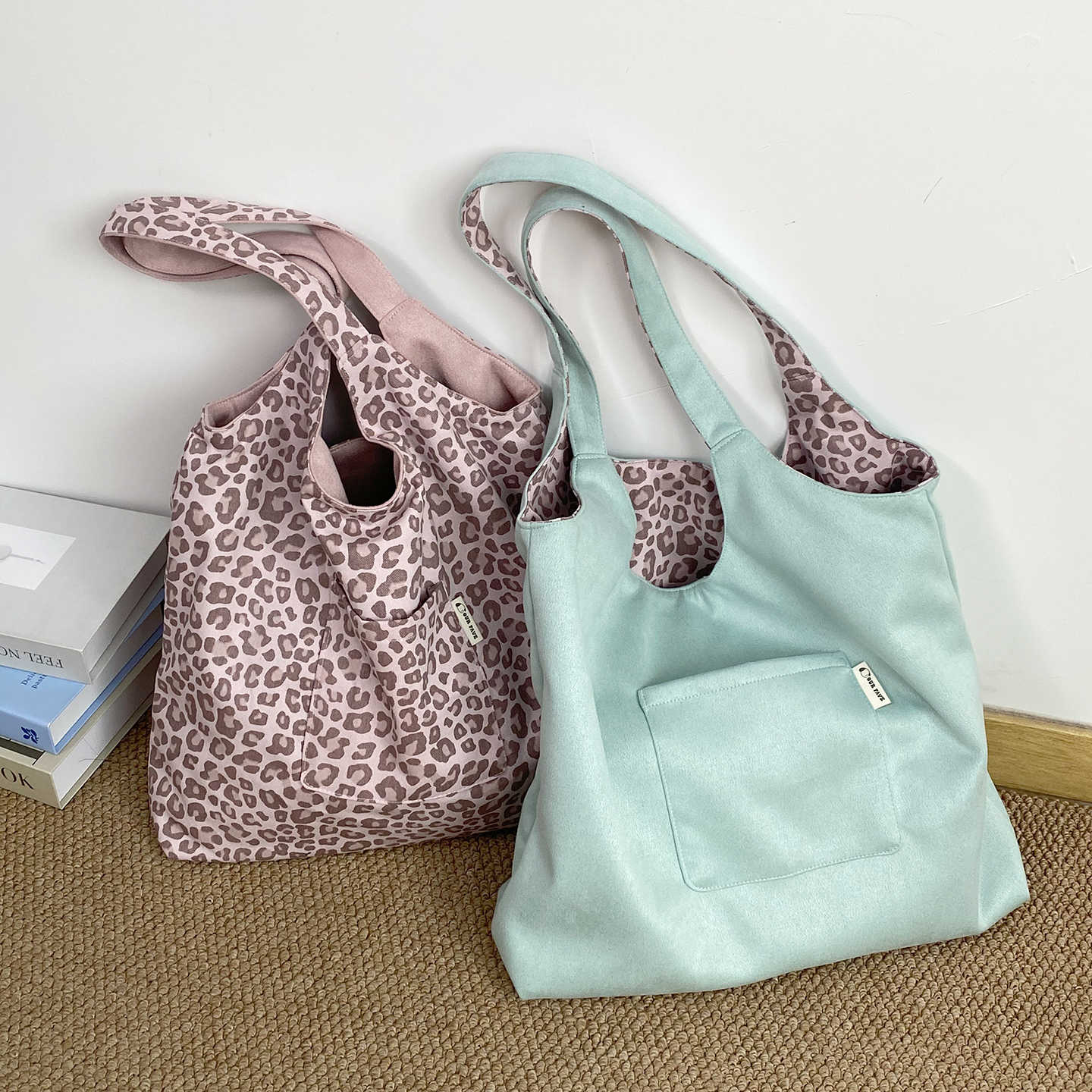 秋款复古豹纹撞色通勤单肩包粉色韩版双面包小清新托特包麂皮绒包