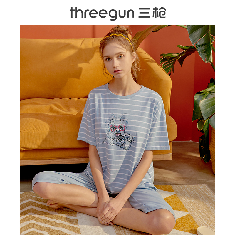 三枪纯棉睡衣女士春夏居家休闲动物印花落肩宽松圆领中裤家居服女