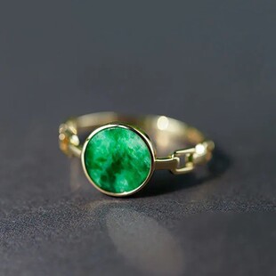 青山绿水链条戒指镶嵌铁龙生圆形环气质碧绿色戒指食指环女士款