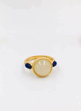 新款镀金嵌天然白玉蛋面活口戒指指环民族风气质复古手饰品戒子