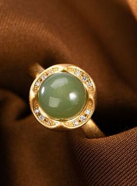 镀金镶嵌天然白玉青玉女款活口戒指时尚个性气质花苞民族风指环