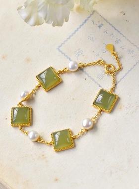 女款方形碧玉珍珠镀金金手链