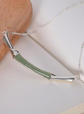 合金镀银锁骨项链镶嵌碧玉竹节吊坠民族风颈饰品套链中式百搭礼物