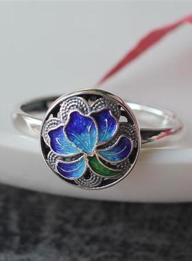 镀银烧蓝珐琅彩民族风个性简约莲花开口活口戒指指环女款手饰品