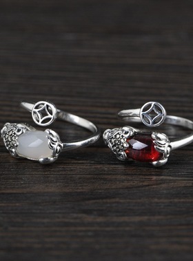S925纯银貔貅戒指女款石榴石开口