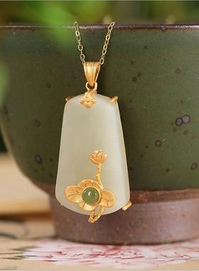 女款镀金项链配莲花白玉玉吊坠