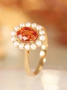 新款橘子汽水芬达宝石珍珠花朵戒