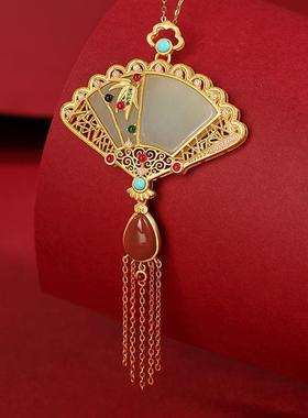 合金镀金锁骨项链镶嵌青玉中式古典扇子民族风流苏项坠气质吊坠礼