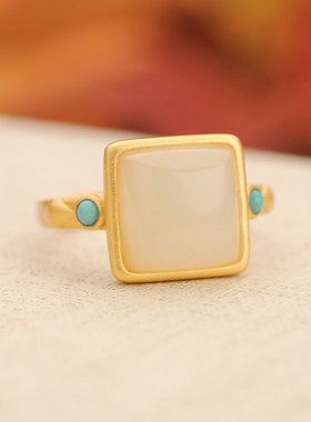 S925纯银白玉方形戒指天然和田玉