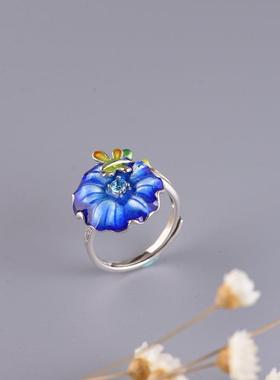 复古国潮中式花开富贵时尚气质景泰蓝蜻蜓烧蓝镀银活口戒指指环女