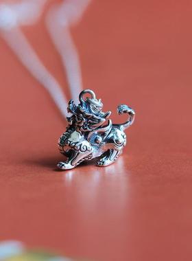 合金镀银锁骨项链镶嵌麒麟吊坠古典瑞兽大气民族风女款复古颈饰品