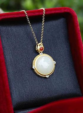 合金镀金锁骨项链镶嵌白玉复古女款吊坠气质民族风中式项坠颈饰品